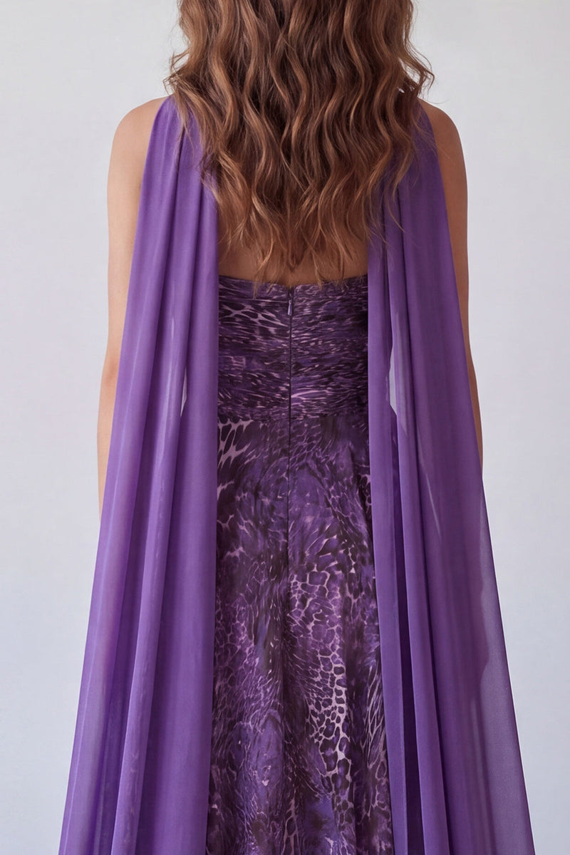 Laden Sie das Bild in den Galerie-Viewer, Trägerloses, lila Chiffon-Langkleid mit A-Linie und Halsschal