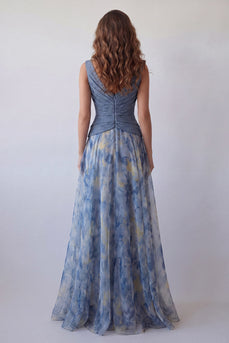 A-Linie, staubiges blaues Ciffon-Chiffon, gerafftes, blümtes langes Festkleid mit A-Linie