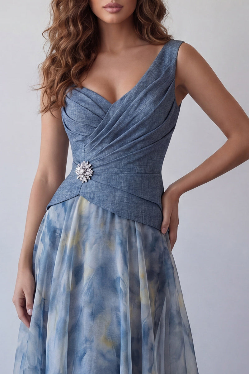 Laden Sie das Bild in den Galerie-Viewer, A-Linie, staubiges blaues Ciffon-Chiffon, gerafftes, blümtes langes Festkleid mit A-Linie