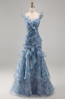 Laden Sie das Bild in den Galerie-Viewer, Staubblaues Meerjungfrauen Chiffon Langes Festliches Kleid mit Blumenmuster und Rüschen