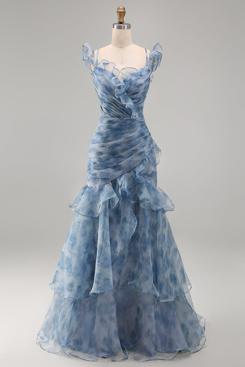 Laden Sie das Bild in den Galerie-Viewer, Staubblaues Meerjungfrauen Chiffon Langes Festliches Kleid mit Blumenmuster und Rüschen