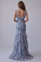 Laden Sie das Bild in den Galerie-Viewer, Meerjungfrauen-Staubblaues Chiffon gerüffeltes langes festliches Kleid mit Blumenmuster und Rüschen