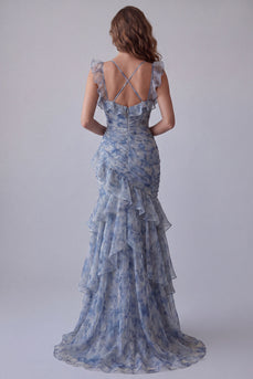 Meerjungfrauen-Staubblaues Chiffon gerüffeltes langes festliches Kleid mit Blumenmuster und Rüschen