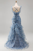 Laden Sie das Bild in den Galerie-Viewer, Staubblaues Meerjungfrauen Chiffon Langes Festliches Kleid mit Blumenmuster und Rüschen