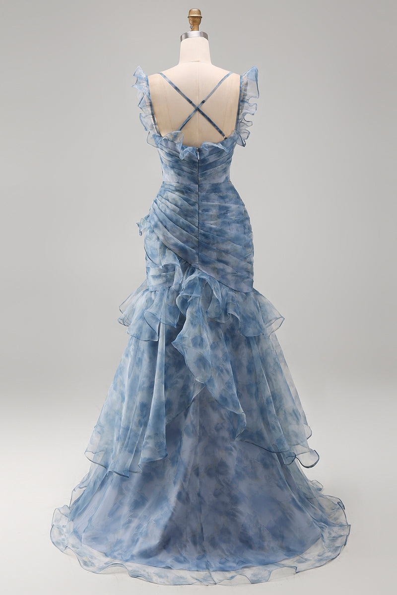 Laden Sie das Bild in den Galerie-Viewer, Staubblaues Meerjungfrauen Chiffon Langes Festliches Kleid mit Blumenmuster und Rüschen