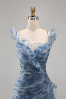 Laden Sie das Bild in den Galerie-Viewer, Staubblaues Meerjungfrauen Chiffon Langes Festliches Kleid mit Blumenmuster und Rüschen