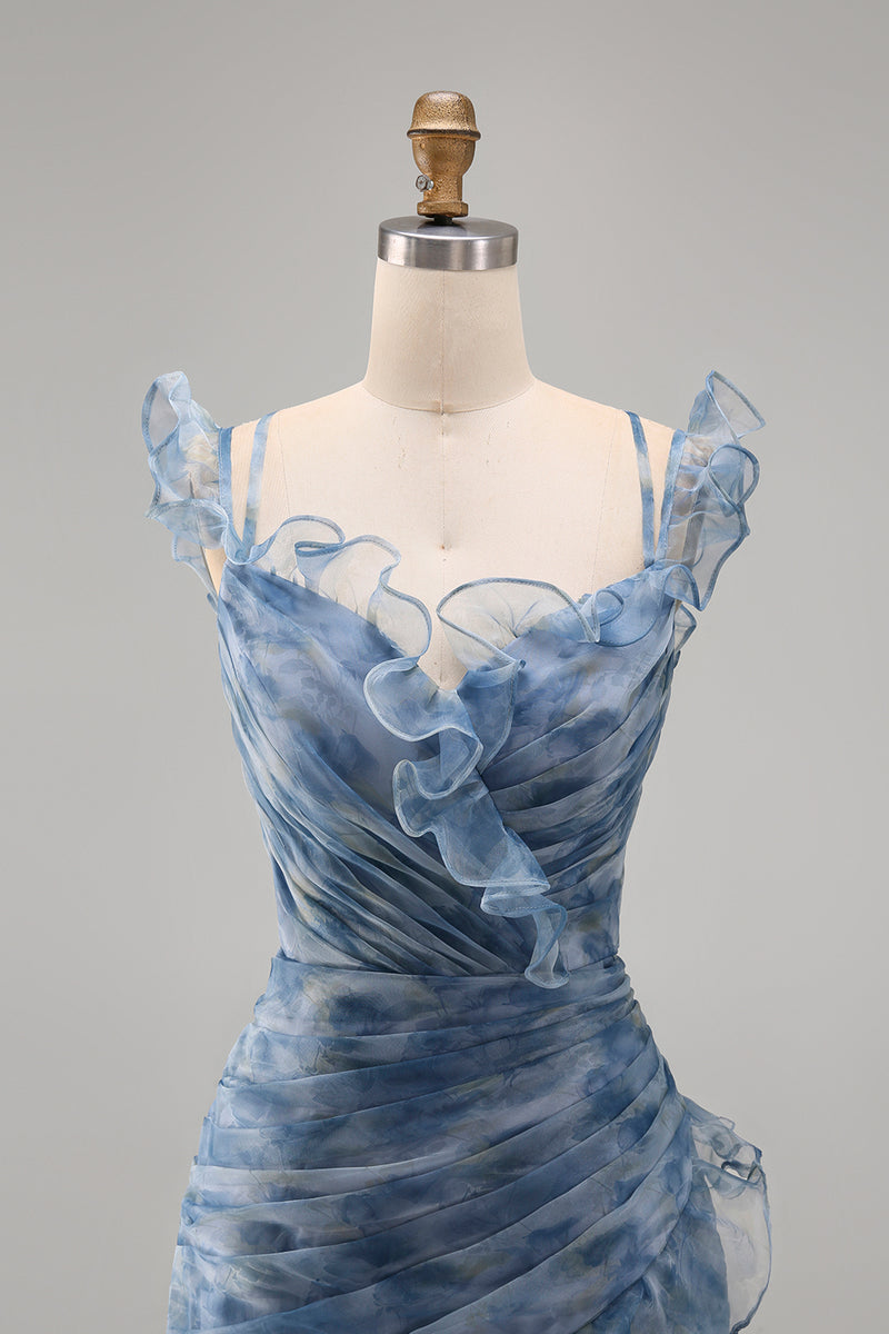 Laden Sie das Bild in den Galerie-Viewer, Staubblaues Meerjungfrauen Chiffon Langes Festliches Kleid mit Blumenmuster und Rüschen