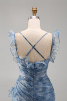 Laden Sie das Bild in den Galerie-Viewer, Staubblaues Meerjungfrauen Chiffon Langes Festliches Kleid mit Blumenmuster und Rüschen