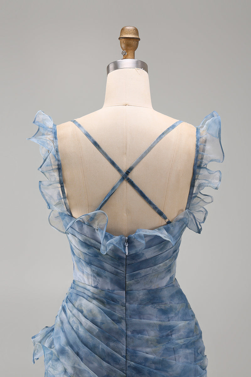 Laden Sie das Bild in den Galerie-Viewer, Staubblaues Meerjungfrauen Chiffon Langes Festliches Kleid mit Blumenmuster und Rüschen