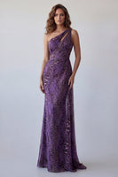 Laden Sie das Bild in den Galerie-Viewer, Meerjungfrauen-Einschulter-Lila-Chiffon-Langes Festkleid mit Schärpe