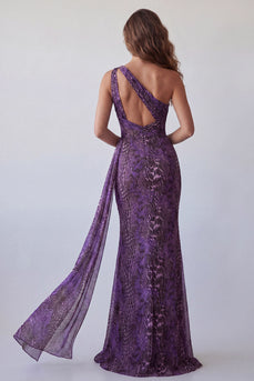 Meerjungfrauen-Einschulter-Lila-Chiffon-Langes Festkleid mit Schärpe
