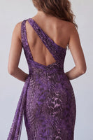 Laden Sie das Bild in den Galerie-Viewer, Meerjungfrauen-Einschulter-Lila-Chiffon-Langes Festkleid mit Schärpe