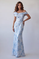 Laden Sie das Bild in den Galerie-Viewer, Meerjungfrauen-off-the-shoulder himmelblaues langes Festkleid