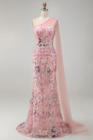 Laden Sie das Bild in den Galerie-Viewer, Meerjungfrauen-perlenbesetztes funkelndes pinkes Mutter-der-der-Braut-Kleid mit Seitenumhang