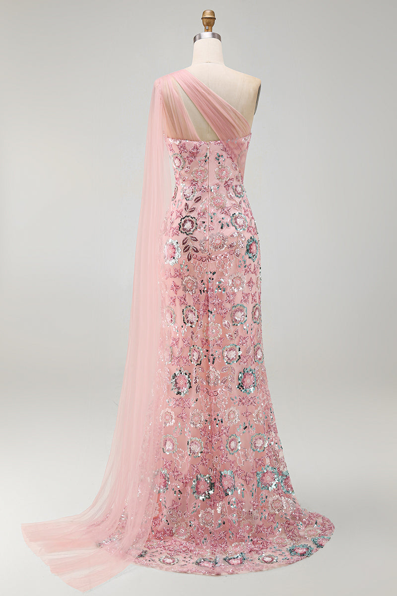 Laden Sie das Bild in den Galerie-Viewer, Meerjungfrauen-perlenbesetztes funkelndes pinkes Mutter-der-der-Braut-Kleid mit Seitenumhang