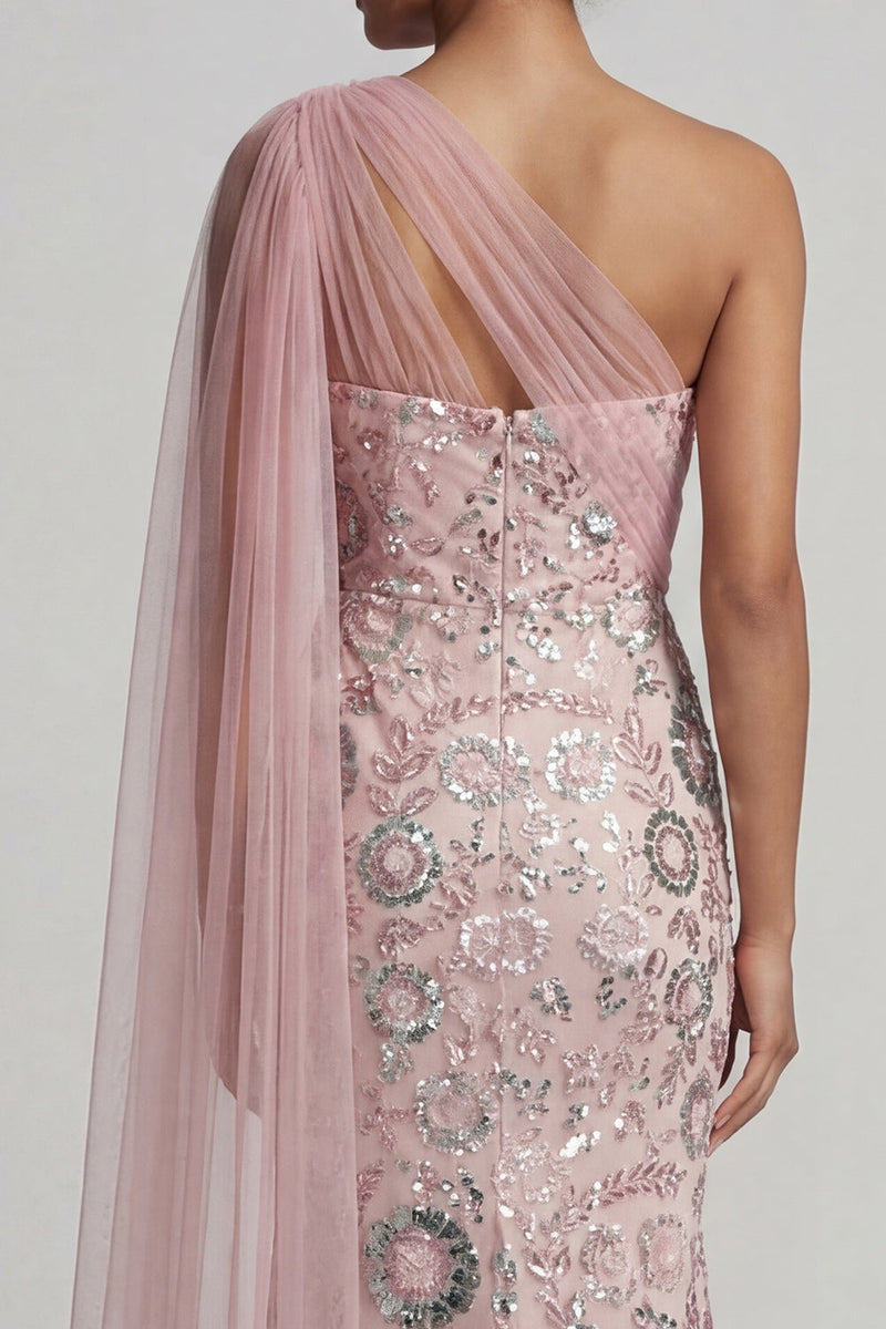 Laden Sie das Bild in den Galerie-Viewer, Meerjungfrauen-perlenbesetztes funkelndes pinkes Mutter-der-der-Braut-Kleid mit Seitenumhang