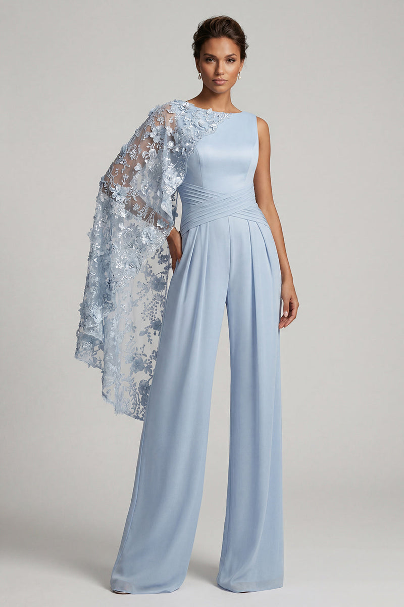 Laden Sie das Bild in den Galerie-Viewer, Himmelblaue Blumen-Bootsausschnitte mit langem Mutter-der-Braut-Jumpsuits mit Seitenumhang