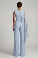 Laden Sie das Bild in den Galerie-Viewer, Himmelblaue Blumen-Bootsausschnitte mit langem Mutter-der-Braut-Jumpsuits mit Seitenumhang