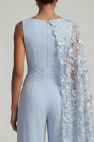 Laden Sie das Bild in den Galerie-Viewer, Himmelblaue Blumen-Bootsausschnitte mit langem Mutter-der-Braut-Jumpsuits mit Seitenumhang