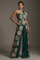 Laden Sie das Bild in den Galerie-Viewer, Dunkelgrüne, geblümte, schulterlange Mother-of-the-Bride-Jumpsuits mit Taschen