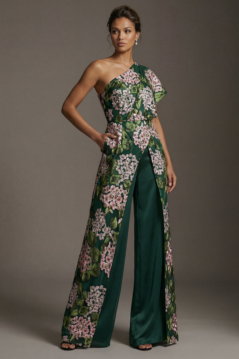 Laden Sie das Bild in den Galerie-Viewer, Dunkelgrüne, geblümte, schulterlange Mother-of-the-Bride-Jumpsuits mit Taschen