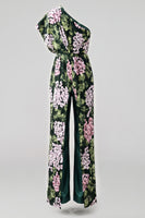 Laden Sie das Bild in den Galerie-Viewer, Dunkelgrüne, geblümte, schulterlange Mother-of-the-Bride-Jumpsuits mit Taschen