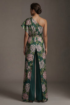 Dunkelgrüne, geblümte, schulterlange Mother-of-the-Bride-Jumpsuits mit Taschen