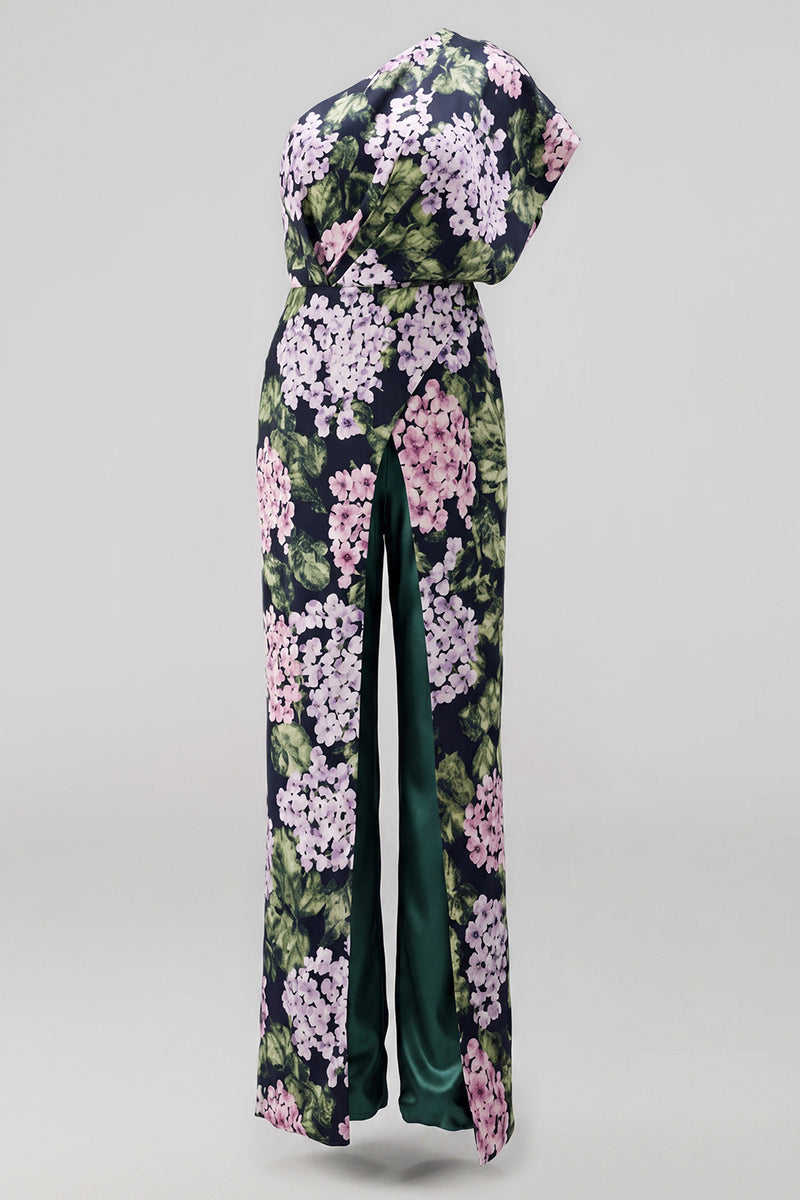Laden Sie das Bild in den Galerie-Viewer, Dunkelgrüne, geblümte, schulterlange Mother-of-the-Bride-Jumpsuits mit Taschen
