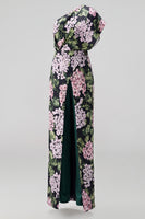 Laden Sie das Bild in den Galerie-Viewer, Dunkelgrüne, geblümte, schulterlange Mother-of-the-Bride-Jumpsuits mit Taschen