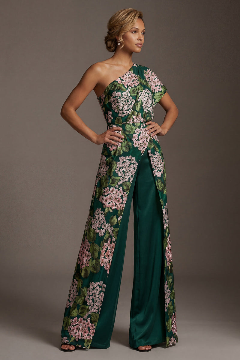 Laden Sie das Bild in den Galerie-Viewer, Dunkelgrüne, geblümte, schulterlange Mother-of-the-Bride-Jumpsuits mit Taschen
