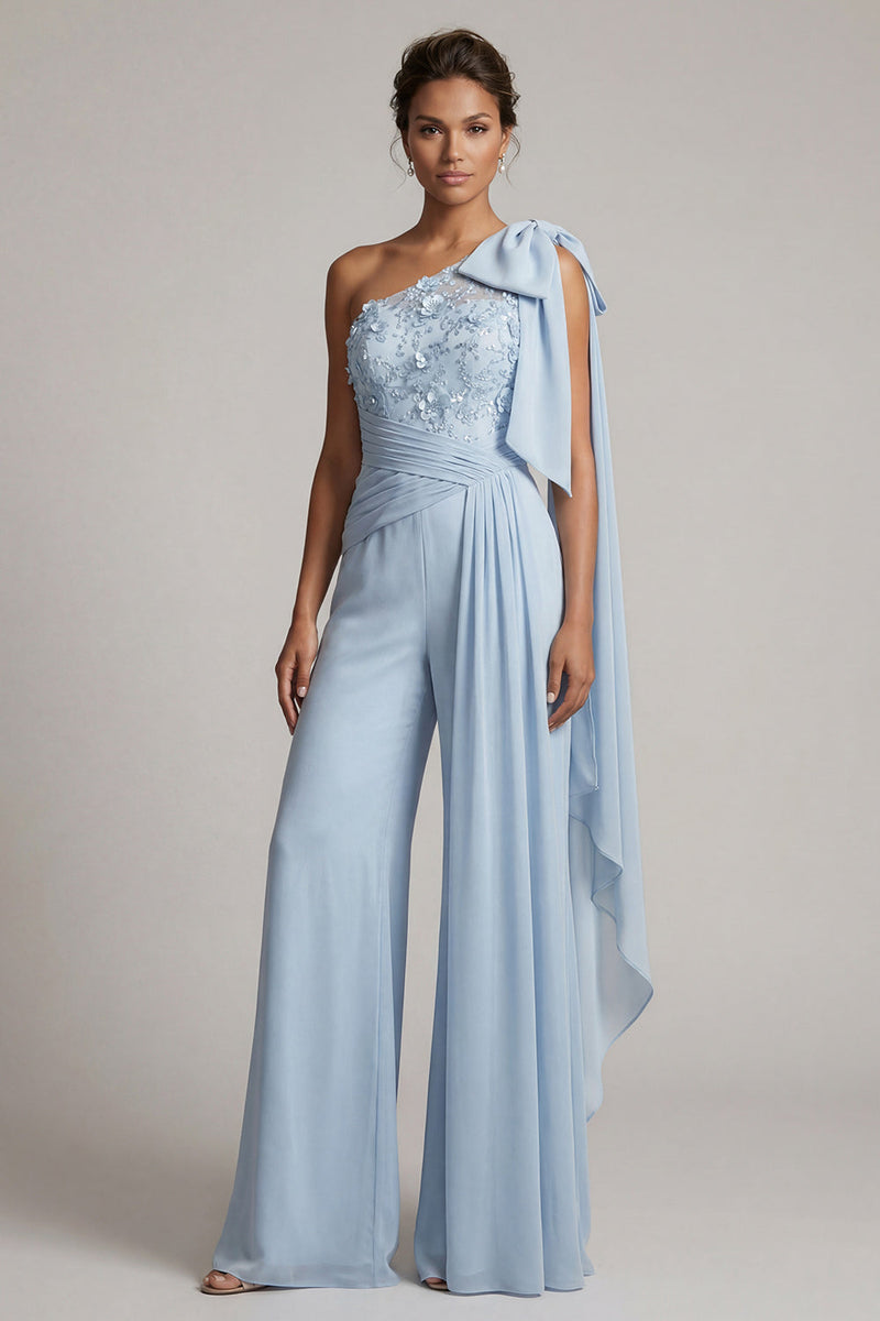 Laden Sie das Bild in den Galerie-Viewer, Ausgefranste einschulterfarbene himmelblaue, geblommige lange Mutter-der-der-Braut-Jumpsuits mit Spitze