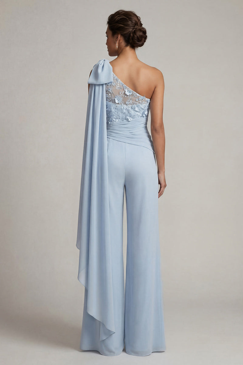 Laden Sie das Bild in den Galerie-Viewer, Ausgefranste einschulterfarbene himmelblaue, geblommige lange Mutter-der-der-Braut-Jumpsuits mit Spitze