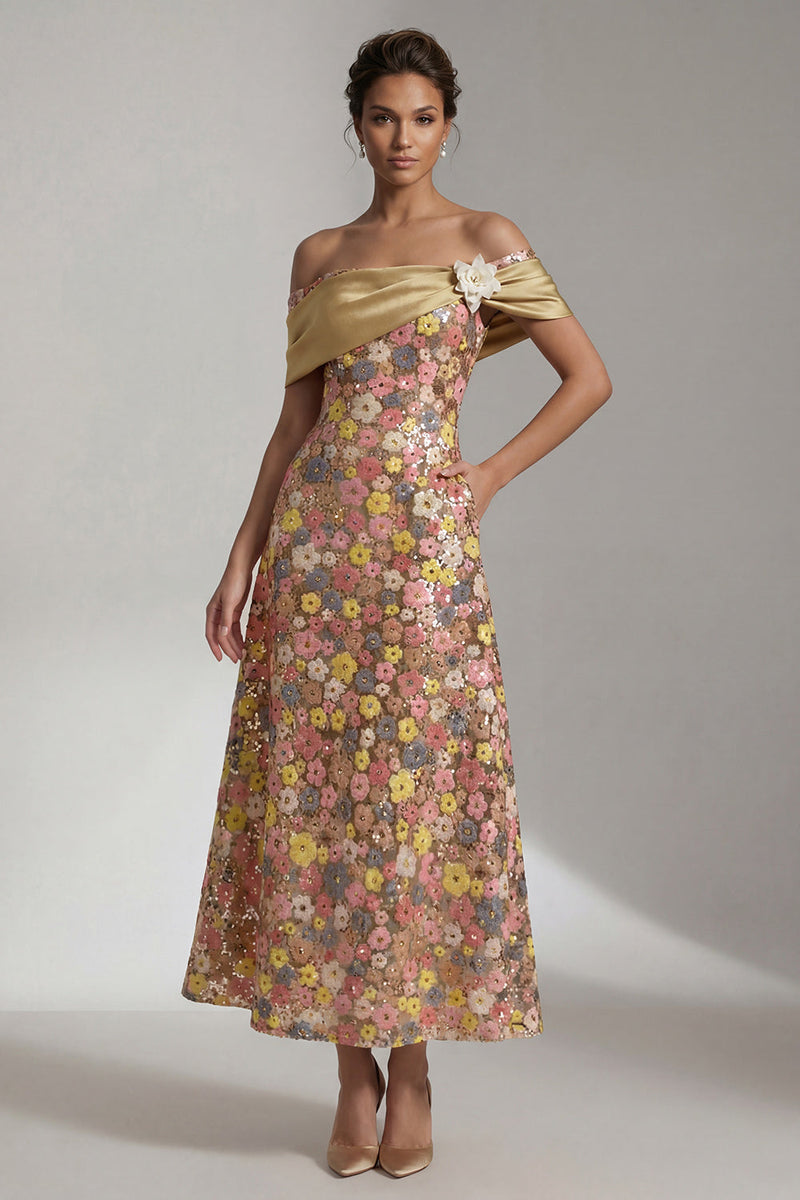 Laden Sie das Bild in den Galerie-Viewer, Glitzerndes gelbes Langes Schulterloses A Line Mother of the Bride Kleid mit 3D-Blume