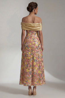 Glitzerndes gelbes Langes Schulterloses A Line Mother of the Bride Kleid mit 3D-Blume