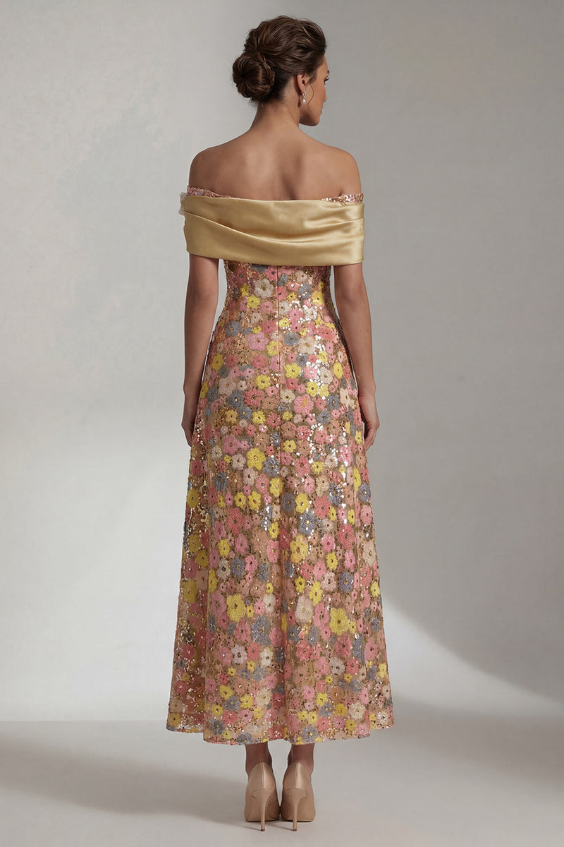 Laden Sie das Bild in den Galerie-Viewer, Glitzerndes gelbes Langes Schulterloses A Line Mother of the Bride Kleid mit 3D-Blume
