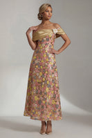 Laden Sie das Bild in den Galerie-Viewer, Glitzerndes gelbes Langes Schulterloses A Line Mother of the Bride Kleid mit 3D-Blume