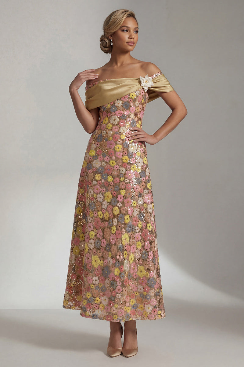 Laden Sie das Bild in den Galerie-Viewer, Glitzerndes gelbes Langes Schulterloses A Line Mother of the Bride Kleid mit 3D-Blume
