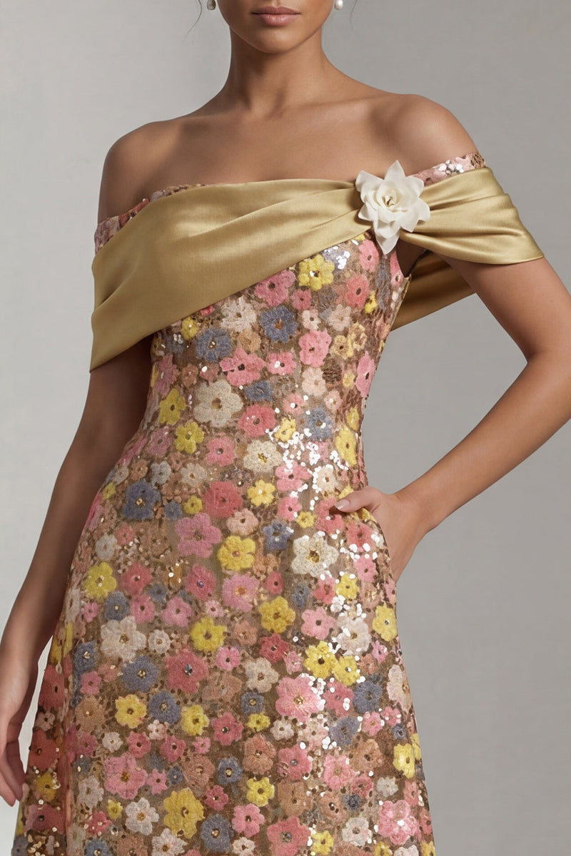 Laden Sie das Bild in den Galerie-Viewer, Glitzerndes gelbes Langes Schulterloses A Line Mother of the Bride Kleid mit 3D-Blume