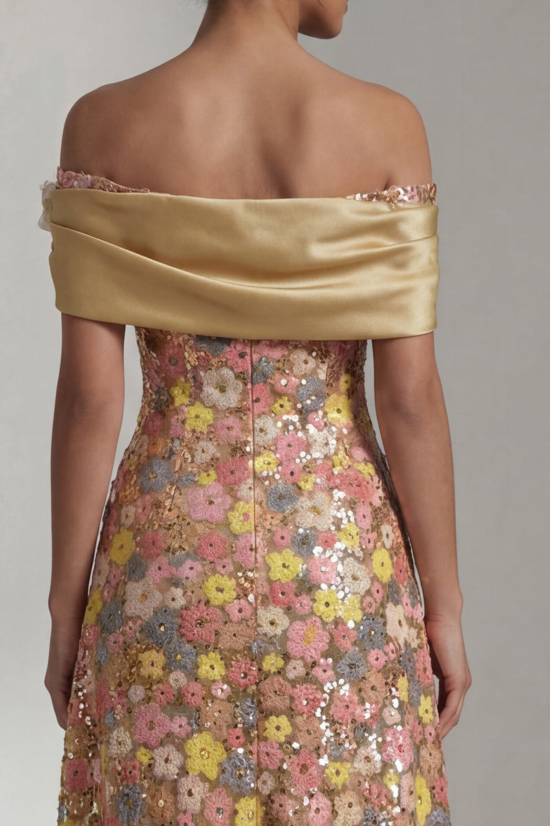 Laden Sie das Bild in den Galerie-Viewer, Glitzerndes gelbes Langes Schulterloses A Line Mother of the Bride Kleid mit 3D-Blume