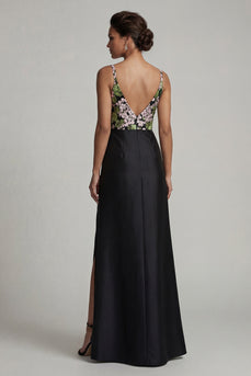 Schwarzes, langes V-Ausschnitt-Blumenkleid der Mutter der Braut mit Schlitz