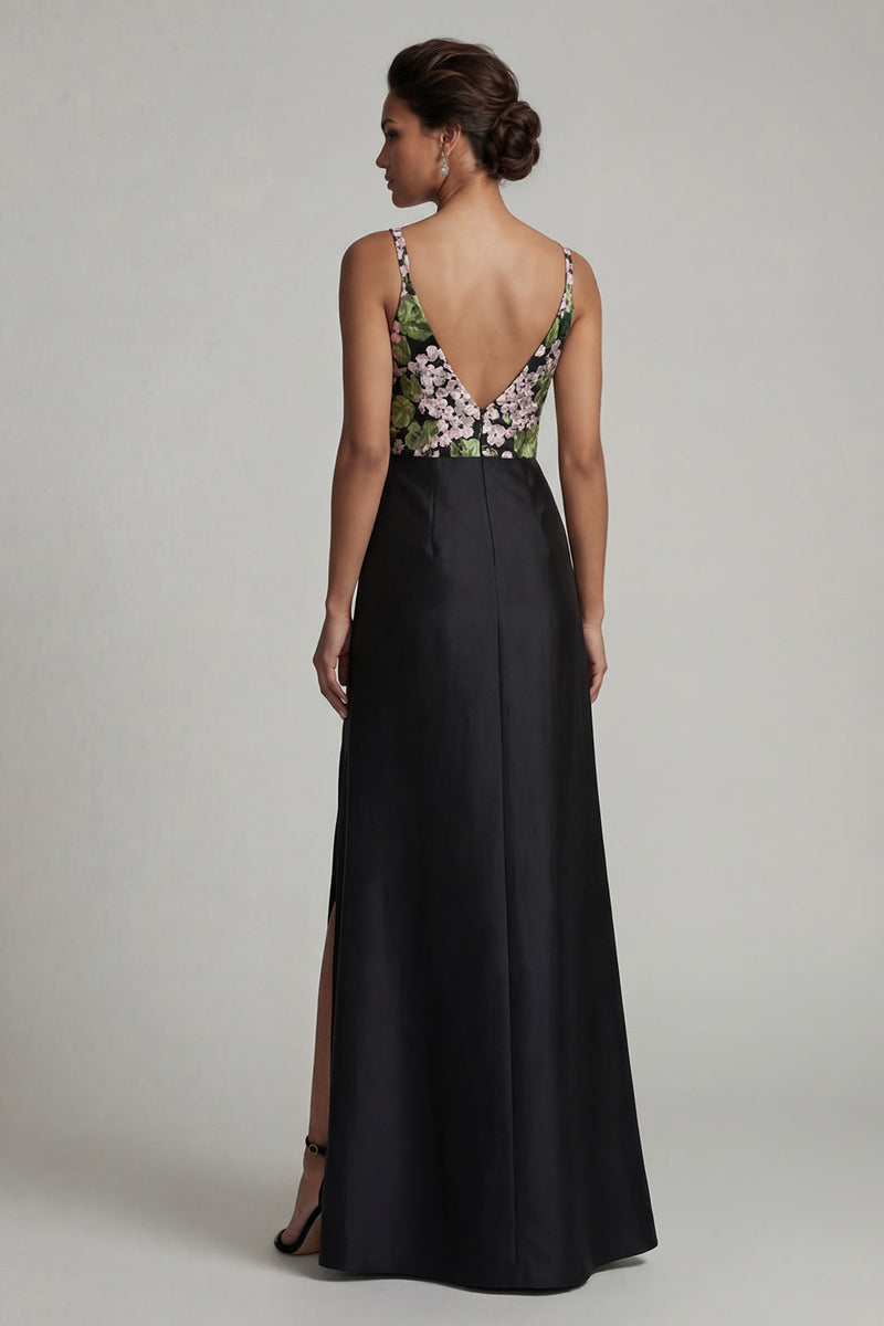 Laden Sie das Bild in den Galerie-Viewer, Schwarzes, langes V-Ausschnitt-Blumenkleid der Mutter der Braut mit Schlitz