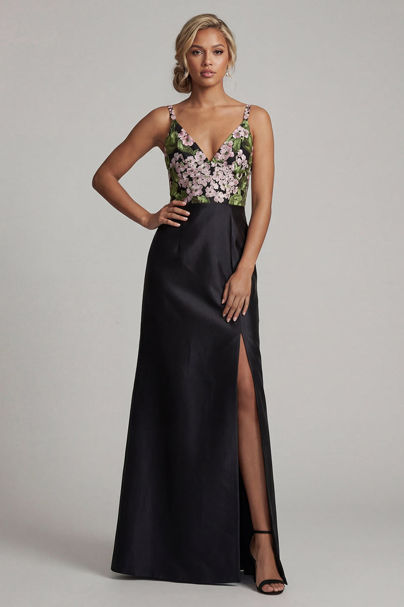 Laden Sie das Bild in den Galerie-Viewer, Schwarzes, langes V-Ausschnitt-Blumenkleid der Mutter der Braut mit Schlitz
