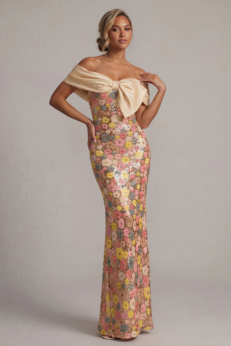 Laden Sie das Bild in den Galerie-Viewer, Schulterlose Blumenmeerjungfrau, glitzerndes gelbes Langkleid der Mutter der Braut mit Schleife