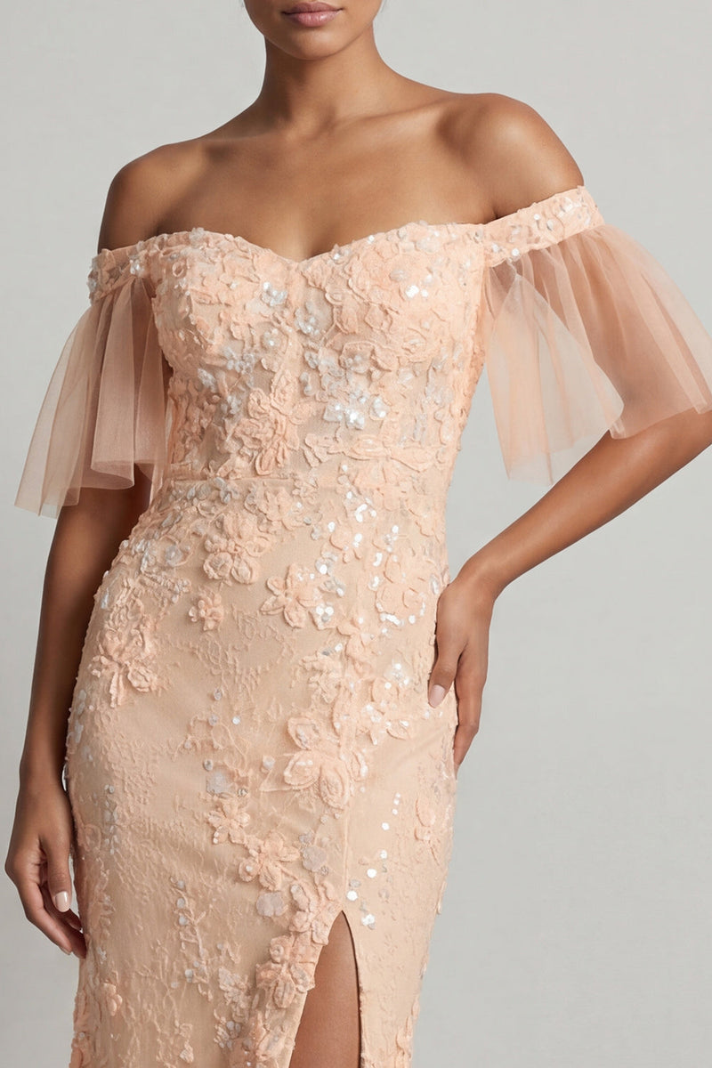 Laden Sie das Bild in den Galerie-Viewer, Langbesetztes, funkelndes, pfirsichfarbenes Meerjungfrauenkleid Mutter der Braut mit Schlitz