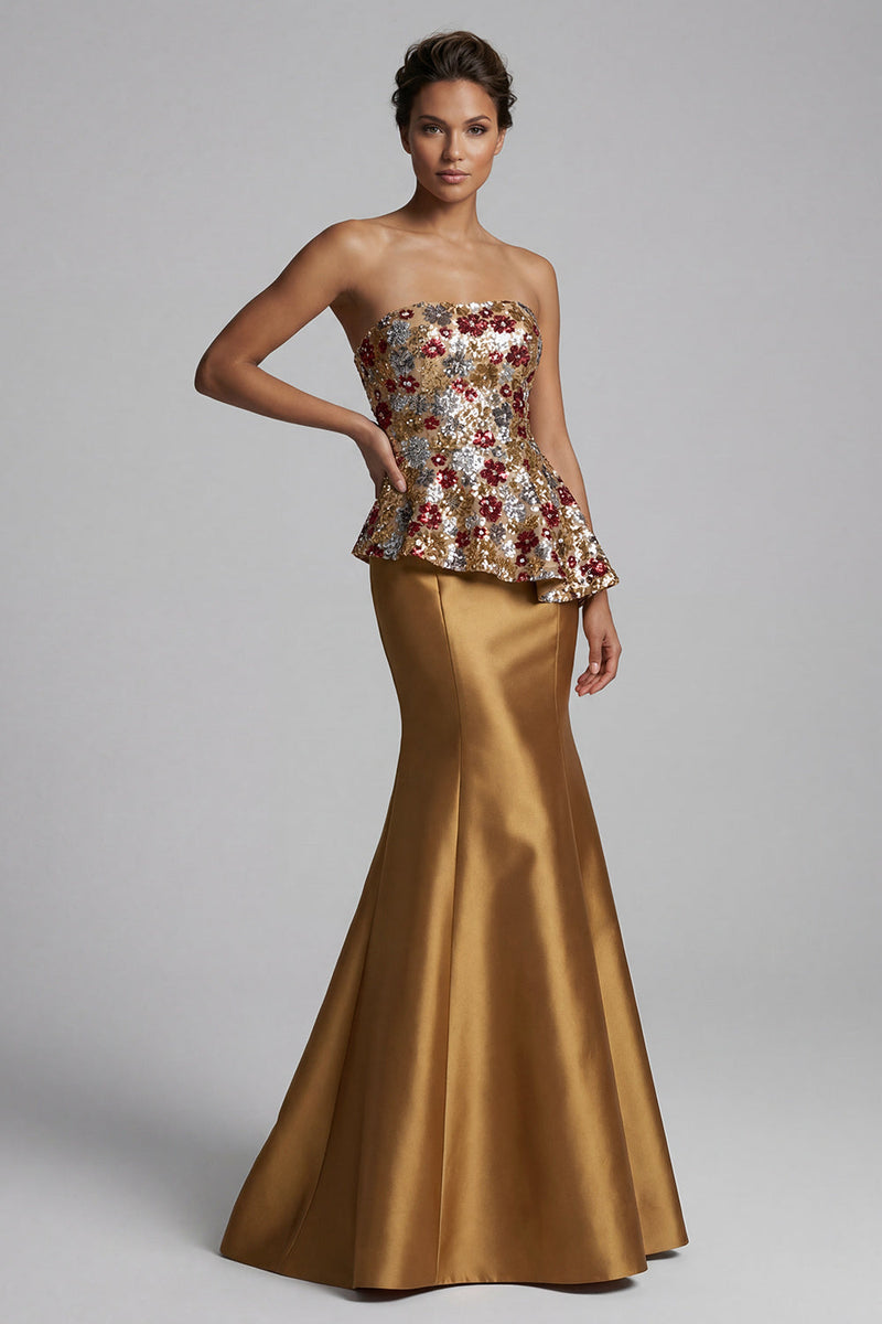 Laden Sie das Bild in den Galerie-Viewer, Trägerloses, geblümtes Meerjungfrauen-Glanz-Lange-Mutter-der-Braut-Kleid mit Pailletten