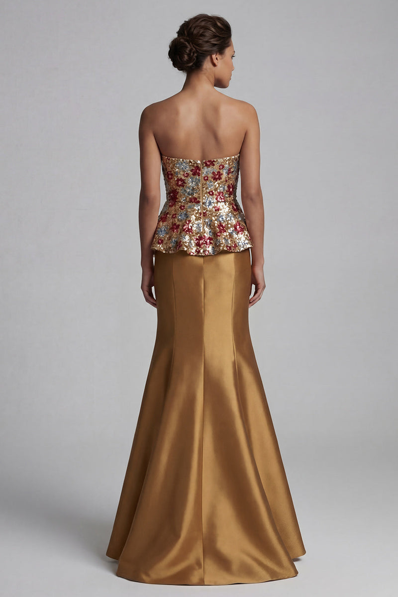 Laden Sie das Bild in den Galerie-Viewer, Trägerloses, geblümtes Meerjungfrauen-Glanz-Lange-Mutter-der-Braut-Kleid mit Pailletten