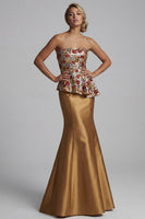 Laden Sie das Bild in den Galerie-Viewer, Trägerloses, geblümtes Meerjungfrauen-Glanz-Lange-Mutter-der-Braut-Kleid mit Pailletten