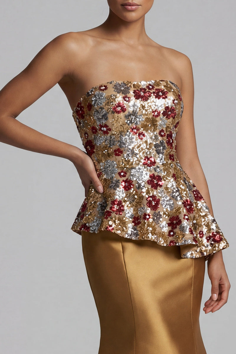 Laden Sie das Bild in den Galerie-Viewer, Trägerloses, geblümtes Meerjungfrauen-Glanz-Lange-Mutter-der-Braut-Kleid mit Pailletten