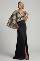 Laden Sie das Bild in den Galerie-Viewer, Schwarzes Blumen-Meerjungfrauen-Lange Mutter-der-Braut-Kleid mit Seitenumhang
