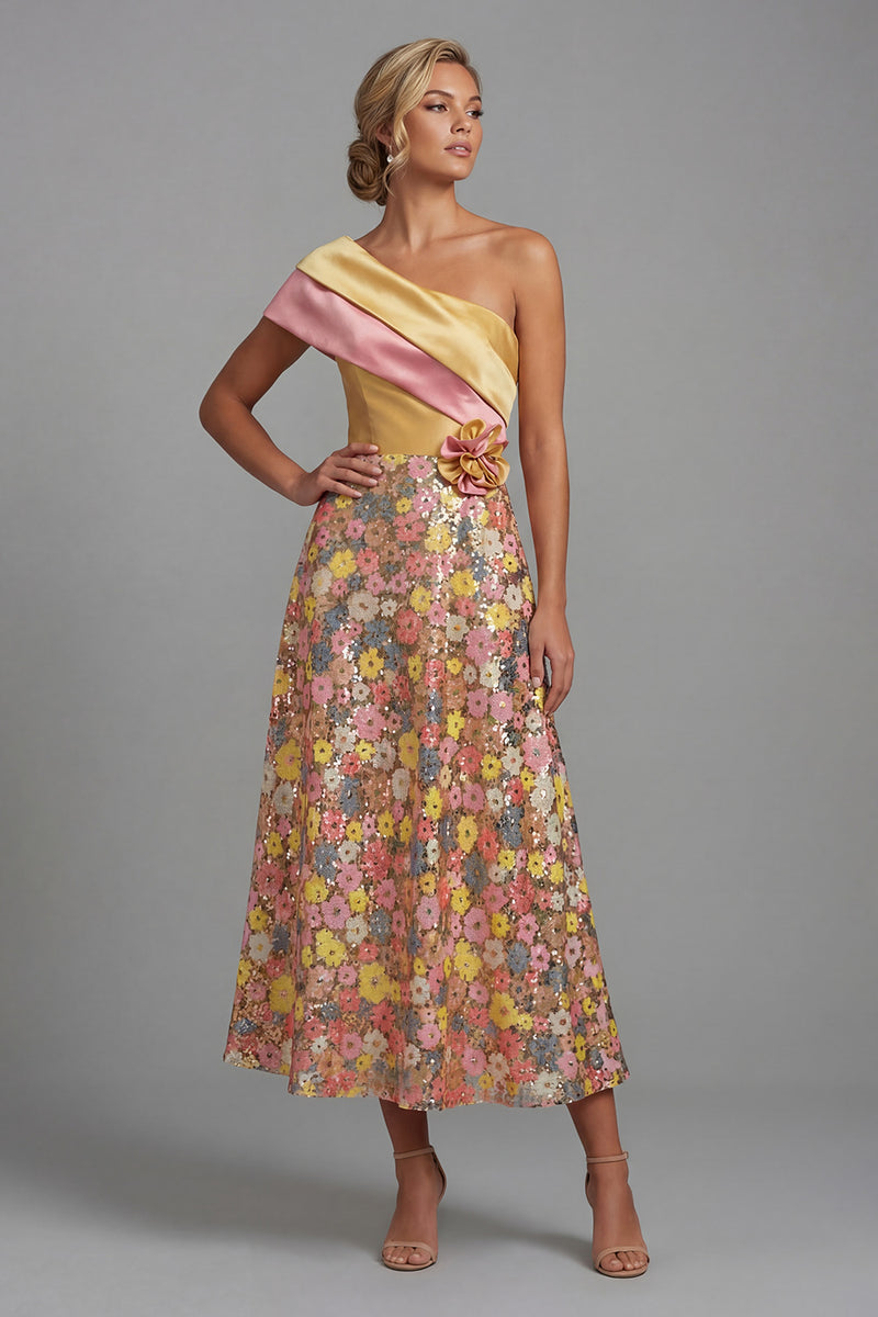 Laden Sie das Bild in den Galerie-Viewer, Glitzerndes gelbes, schulterlanges Blumenmuster A-Linie Mutter-der-Braut-Kleid